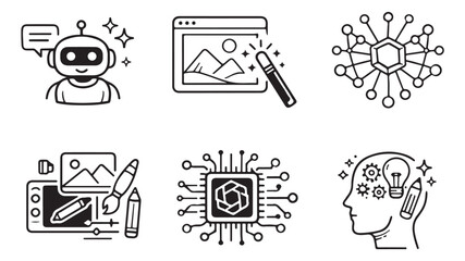Artificial intelligence line icons set, AI generative art and machine learning vector symbols, neural network and digital creativity graphics © Rehana