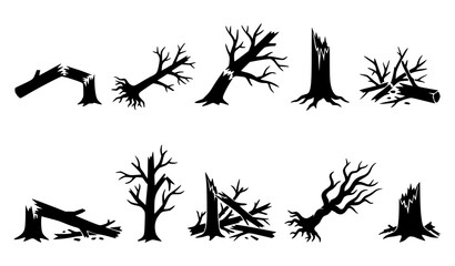 Obraz premium Broken Tree Silhouettes Set with Fallen Trunks and Bare Branches Isolated Black Forest Vector Illustration