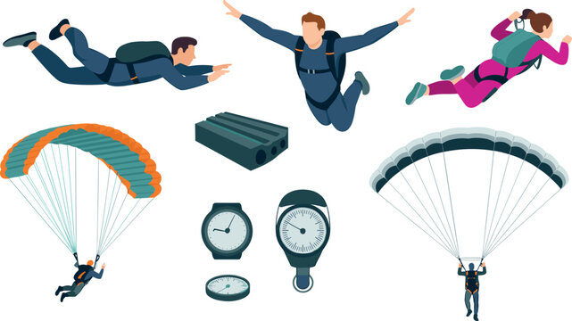 Skydiving and paragliding vector character set with parachutists free falling, paragliders soaring, altimeters, and jump equipment for extreme sports designs,