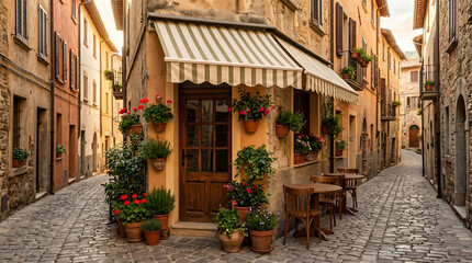 Obraz premium Corner street cafe with round tables and striped awning, potted herbs, narrow cobblestone street, warm afternoon light