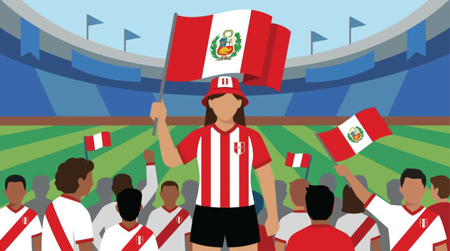 Peruvian sports fans celebrating victory in a vibrant stadium, waving national flags with pride and enthusiasm