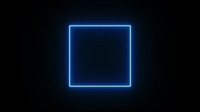 Realistic animated blue square neon frame on black background, flickering glowing border 4K transparent overlay