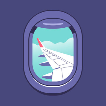 View through the porthole of aircraft. Travel, journey concept. Perfect background on the theme of season vacation, weekend. Vector illustration in minimalistic style.