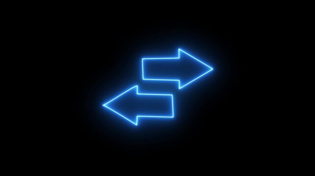 Glowing neon direction right and left arrow icon animation  globe neon icon on black background. Three way direction arrow. glowing neon arrow icon background 4k animation .