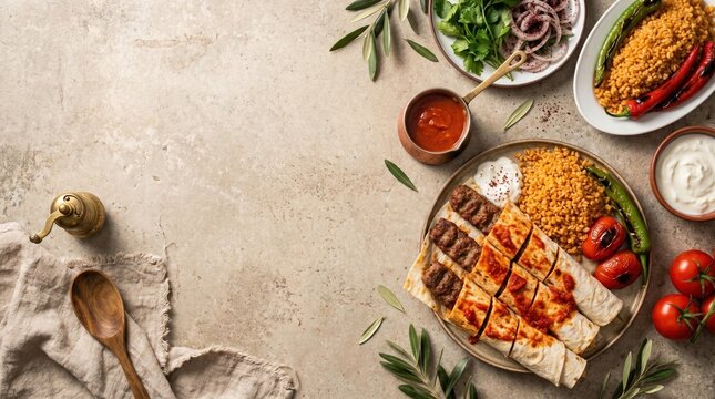 Turkish Beyti kebab top view food photography on stone background with copy space