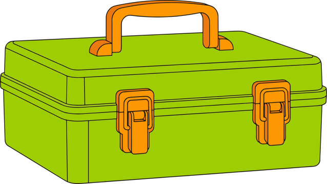Empty green plastic toolbox with orange handle and latches, convenient storage for tools.