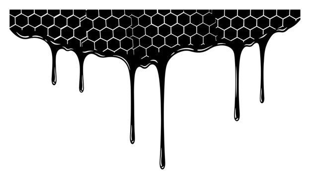 Honeycomb pattern with dripping liquid drops in black and white minimalist style