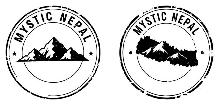 Mystic Nepal circular stamps with mountain peak and map silhouette in vintage distressed style