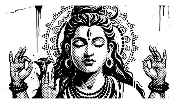Hindu god Shiva meditating with mudra hand gestures and mandala halo in halftone engraving style