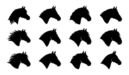Black and white horse silhouette icon vector set with equine profile glyph illustrations © MdAriful