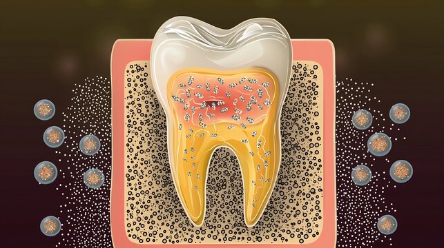 Cross Section 3D Render of Tooth with Internal Bacterial Infection and Inflammation in Pink Gum Tissue