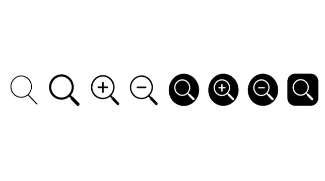 Set of eight search and zoom featuring magnifying glasses with plus and minus symbols in both outline and solid black circular
