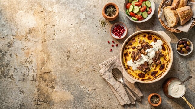Elbasan tava top view food photography on textured stone background with copy space