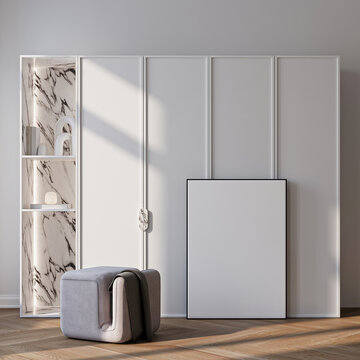 Modern Living Room Poster Frame Mockup with Natural Light and Minimalist Decoration. 3D render.