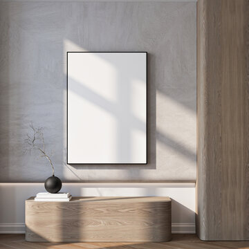 Modern Living Room Poster Frame Mockup with Natural Light and Minimalist Decoration. 3D render.
