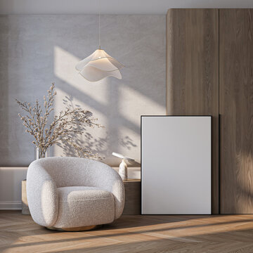 Modern Living Room Poster Frame Mockup with Natural Light and Minimalist Decoration. 3D render.