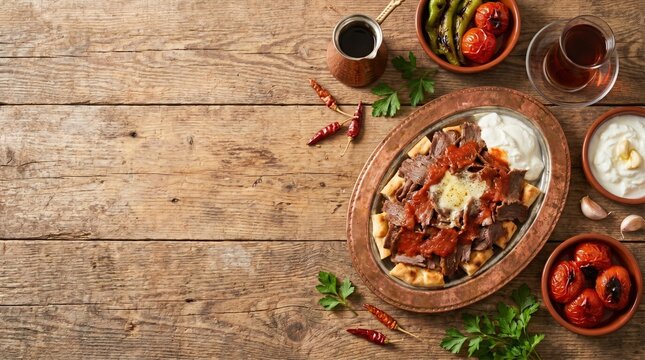 Iskender kebab top view food photography on wooden background with copy space