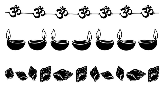 Hindu spiritual symbol borders featuring om diya and conch in minimalist style