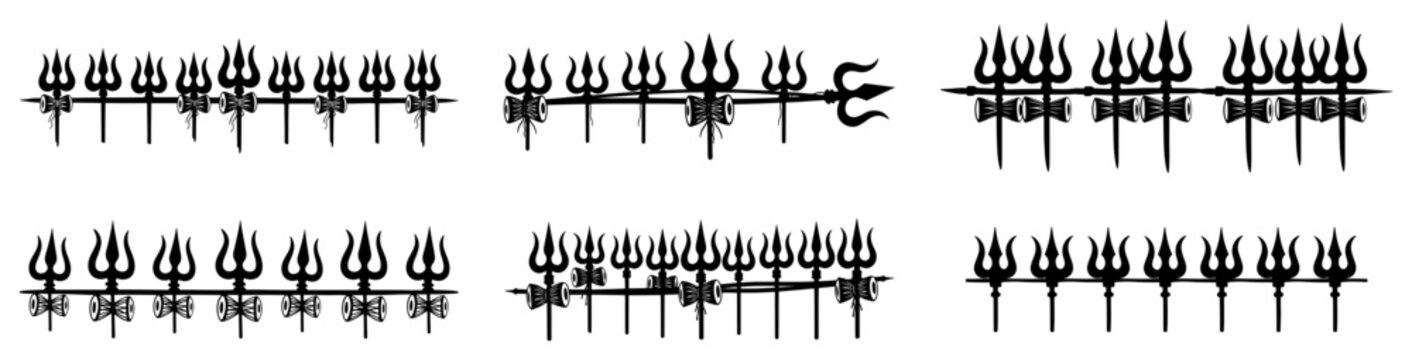 Trishul trident and damaru drum border patterns in minimalist silhouette style