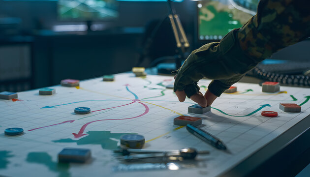 A gloved hand moving tactical markers on a military strategy map board inside a command center room, planning arrows and grid lines, warfare defense and operations concept.