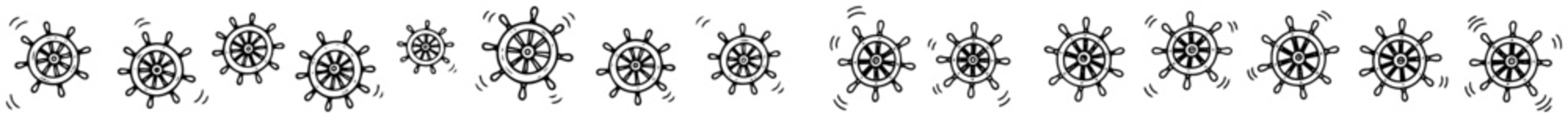 Ship steering wheel helm border set for nautical design in hand drawn doodle style