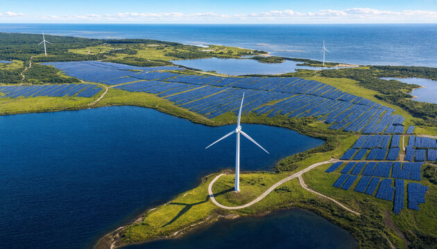 Drone aerial view of offshore wind turbine standing in lake surrounded by solar panel farm with renewable sustainability electricity technology environment landscape infrastructure