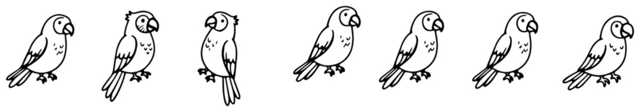 Parrot characters set with tropical birds in various poses in hand drawn doodle style