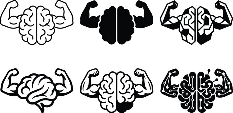 Mental strength brain with muscle icons showing emotional intelligence willpower mindset control and strong cognitive psychological power graphic vector set