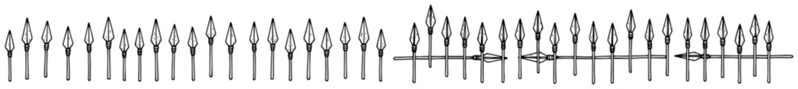 Tribal spears and hunting weapons arranged in a horizontal border line doodle style