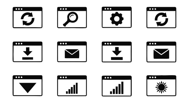 Vector illustration of set of web browser window icons with various interface symbols on a transparent background