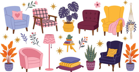 Cozy Living Room Furniture Vector Element Set with Comfortable Armchairs, Potted Houseplants, and Stylish Lamps for Home Decor and Interior Design Layouts © Rumi