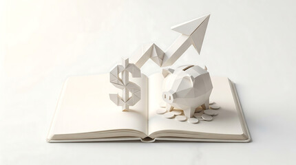 White papercraft piggy bank dollar sign upward graph arrow and coins on open book for financial education wealth management and savings growth concept.