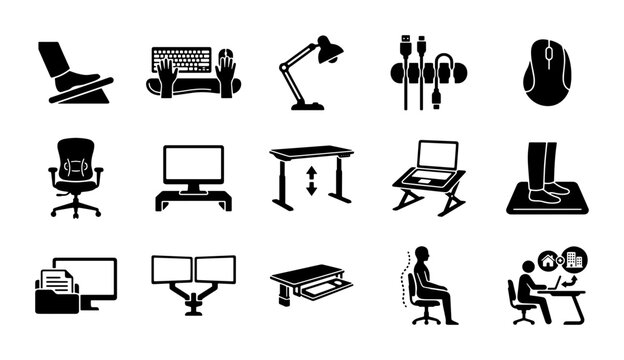 Ergonomic office equipment icons set, 15 black solid vector symbols of workplace health, standing desk and computer accessories