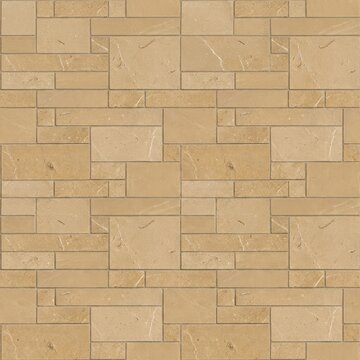 High-resolution seamless texture of beige and tan rectangular stone tiles with natural variations, ideal for architectural backgrounds, flooring, or paving.