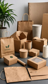 Collection of assorted eco-friendly kraft paper packaging and shipping materials for sustainable business with packaging sustainable cardboard recyclable container business shipping