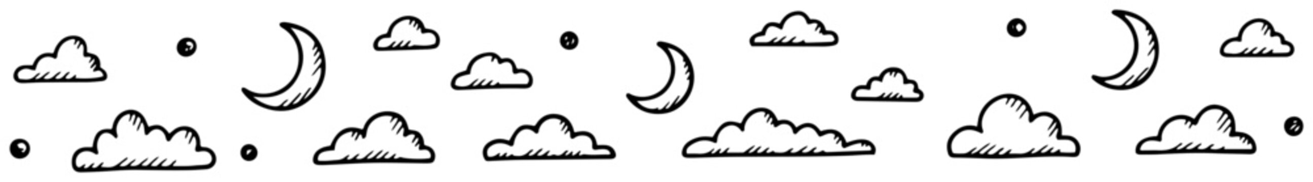 Night sky border with crescent moons and fluffy clouds in hand drawn doodle style