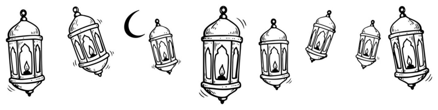 Ramadan lanterns fanous and crescent moon border for islamic holiday design in hand drawn doodle style