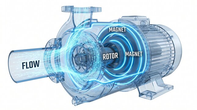 Detailed 3D Cross-Section Diagram Of A Transparent Magnetic Coupling Pump Motor With Blue Flow Indication On White Background