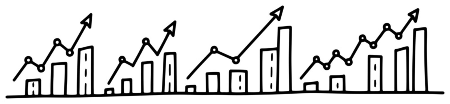 Business growth charts and bar graphs for financial progress in hand drawn doodle style