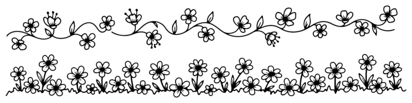 Floral and flower garden horizontal borders with vines and daisies in hand drawn doodle style