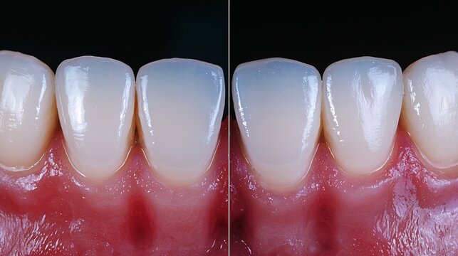 Extreme close-up of white dental enamel and healthy pink gums showing texture and detail