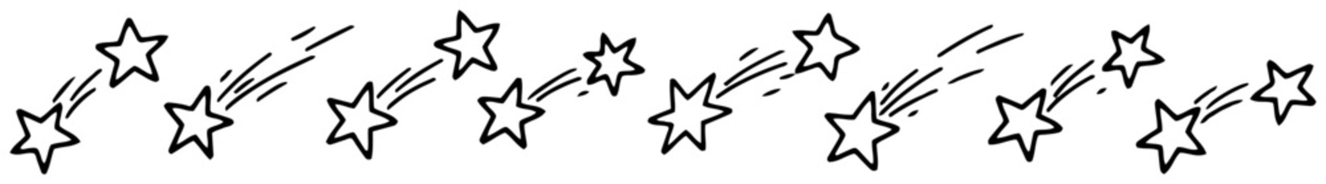 Shooting stars and comets flying across a decorative horizontal border in doodle style
