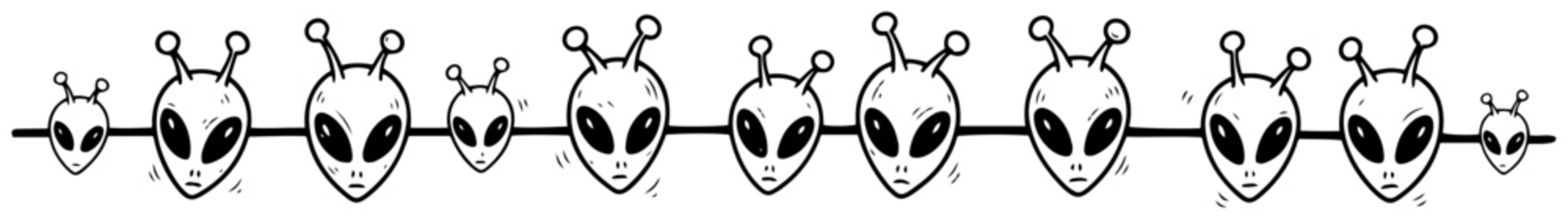 Alien head icons forming a horizontal border line in doodle style