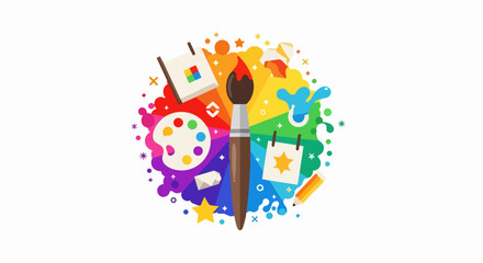 Fototapeta premium Creative Graphic Design and Art Concept Illustration Featuring Paintbrush, Color Palette, and Vibrant Rainbow Splatter on White Background