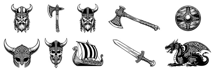 Viking warrior collection with longship battle axe and dragon in vintage engraving style © Aisha Kudorova