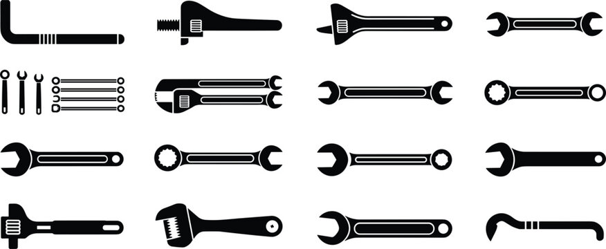 Assorted black silhouette icons of wrenches and plumbing tools on white background spanner adjustable wrench