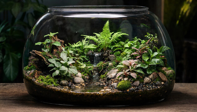 Lush tropical terrarium in glass bowl with ferns and miniature landscape showcases the beauty of a self-sustaining indoor garden terrarium miniature landscape greenery