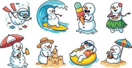 Funny Summer Snowman Sticker Set with Cute Characters Surfing, Snorkeling, and Melting on the Beach for Christmas in July and Tropical Holiday Designs © Rumi