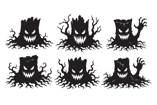 Set of scary monster tree stumps for halloween design