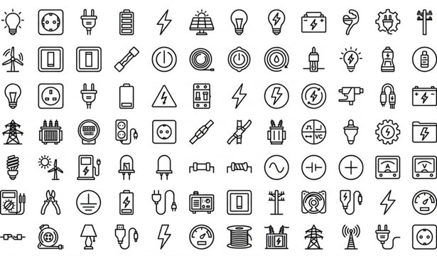 Set of 52 Electricity Outline Icons &ndash; Editable Stroke Linear Energy and Power Vector Collection